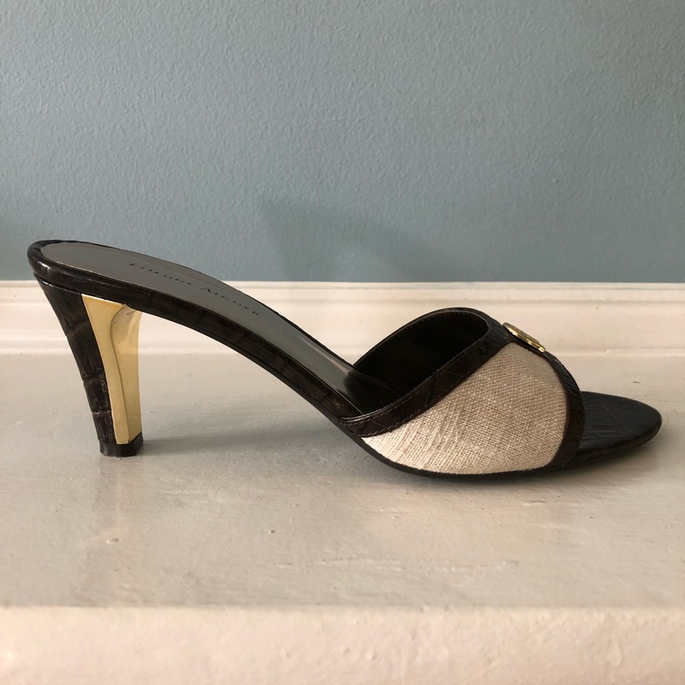 Etienne Aigner Leather & Linen Slides w/ Gold Trim - Picture 9 of 12